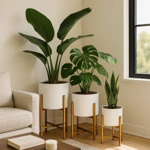Home ceramic planter set 3 with stand