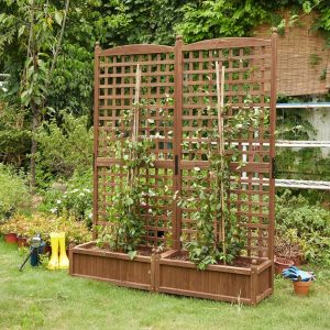 wooden planter box with trellis